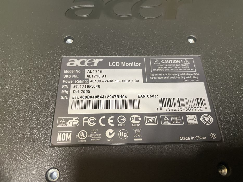 Monitor Acer AL1716 VGA D-SUB + Okablowanie! Okazja!