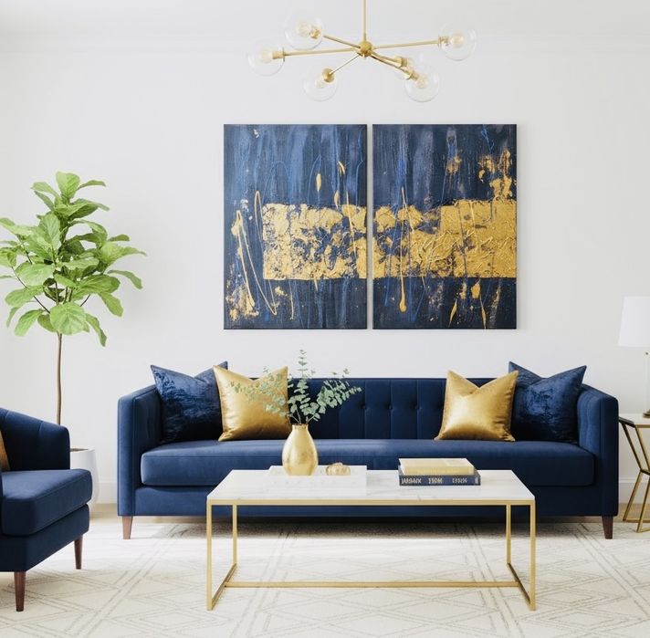 Duży dyptyk w abstrakcyjnym stylu 2X 50x70cm granatowo zielono złoty