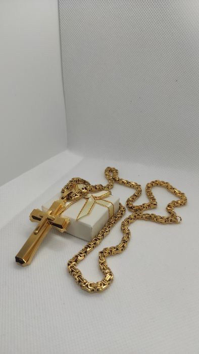 Nowy złoty łańcuszek z krzyżem Pancerka 5mm Stal chirurgiczna 316L