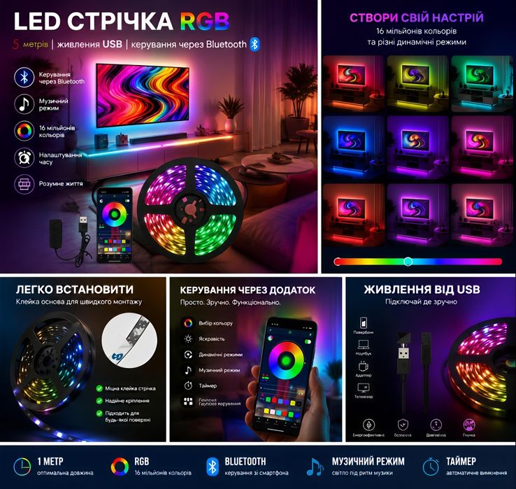 Атмосферна LED підсвітка RGB, 5 м для кімнати, ТВ, робочого місця, кухні, або геймерської зони. USB


Продається RGB LED