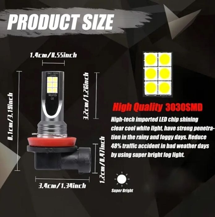 LED Протитуманні лампи H8 H11 H16 – 6000K, 12×3030SMD – 360° світло