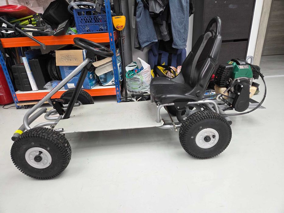 Gokart spalinowy DIY, silnik od kosy, hamulec, stacyjka, regulowane siedzenie