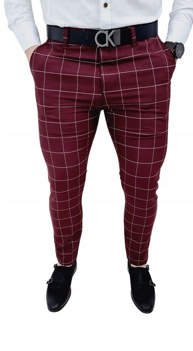 Bordowe spodnie męskie w krate slim fit 3018 - 31