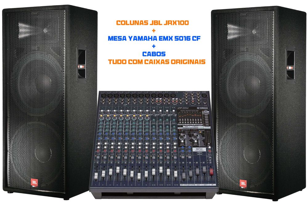 PAR DE COLUNAS JBL JRX100+MESA YAMAHA EMX 5016CF+CABOS