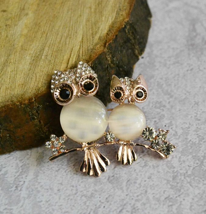 Broszka dwie sowy cyrkonie kocie oko