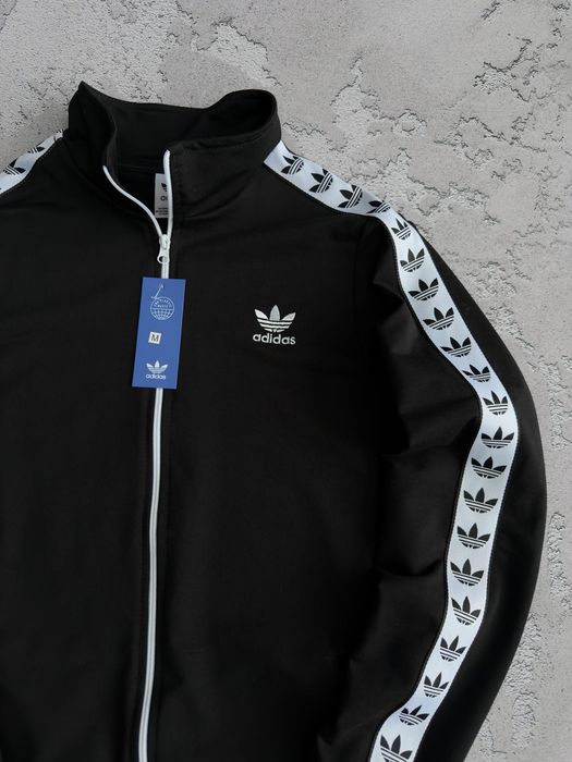 Олімпійка Adidas з лампасами чоловіча біла, чорна | Кофта на замку Адидас лампас мужская черная, белая