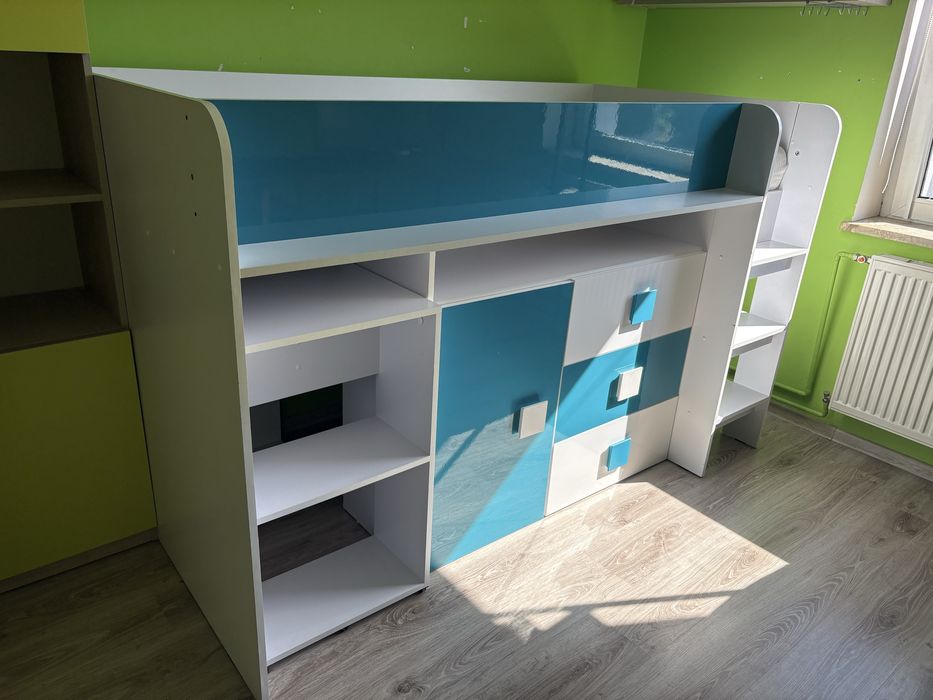 Lozko mlodziezowe antresola pietrowe z biurkiem toledo 1 turkus biale