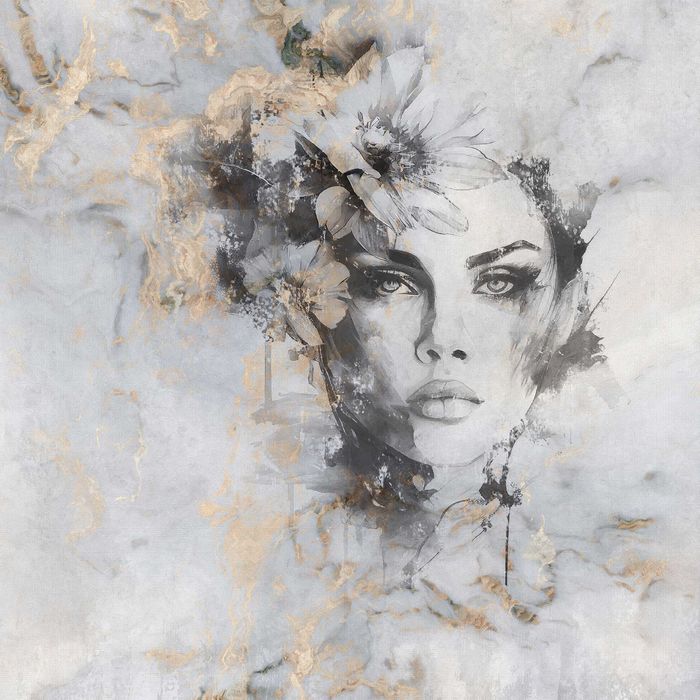 Fototapeta Kobieta Kwiaty Szarości Beż Złoto 3D Twój Rozmiar + KLEJ