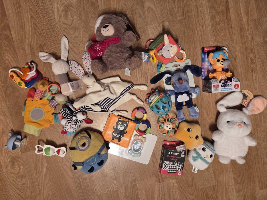 zabawki dla niemowlaka + mata edukacyjna Nukido + karuzela Tiny Love