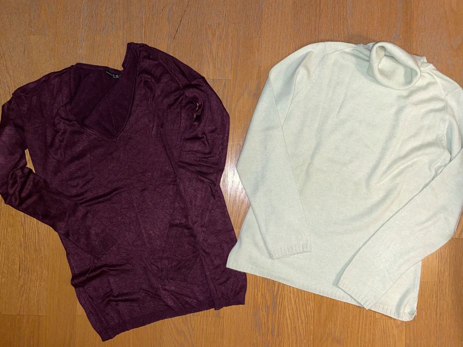 Camisolas de malha beringela e verde água