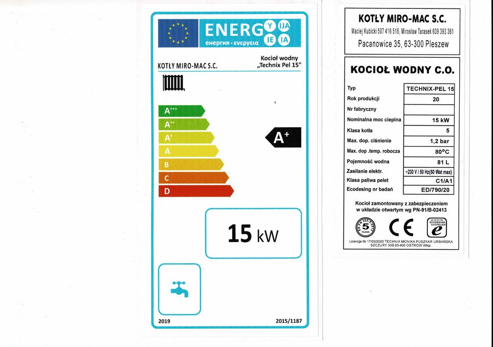 Piec CO  pellet ekogroszek owies drewno kocioł kotły 15 kW  5 klasa