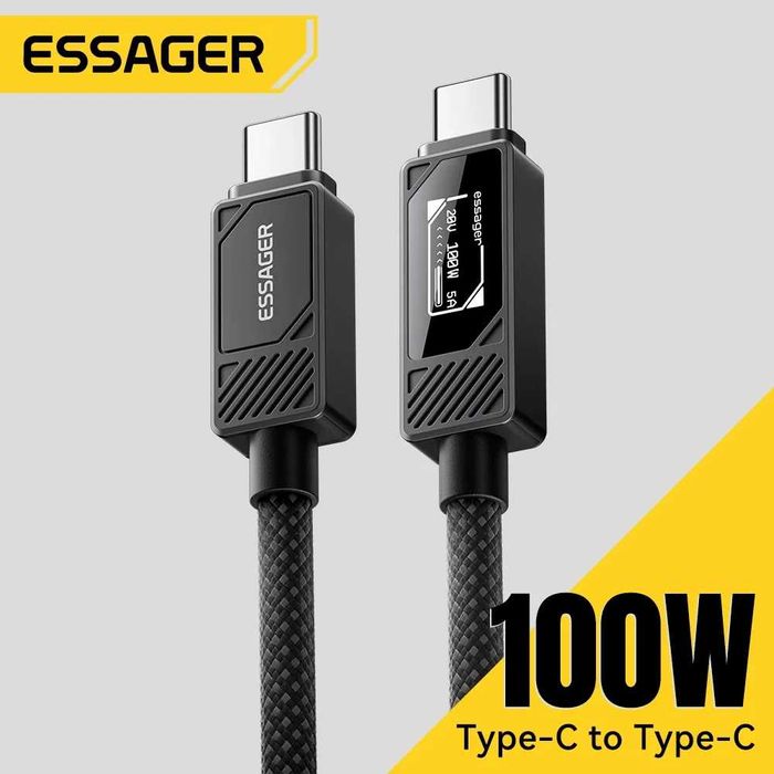 Новинка 2026! Кабель ESSAGER 100Вт TypeC-TypeC з OLED Дисплеєм 1м, PD MacBook iPhone 17|16/15/14, iPad Телефона/ноутбука. Андроид телефонов планшетов