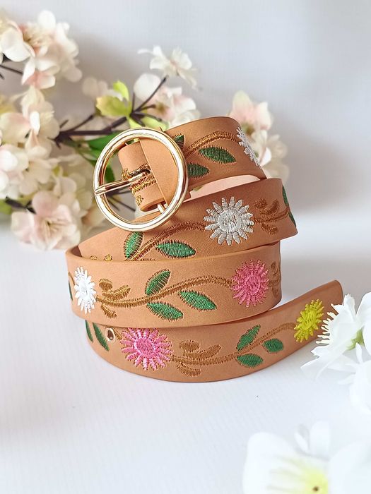 Nowy brązowy pasek cienki regulowany z haftem kwiaty skóra ekologiczna