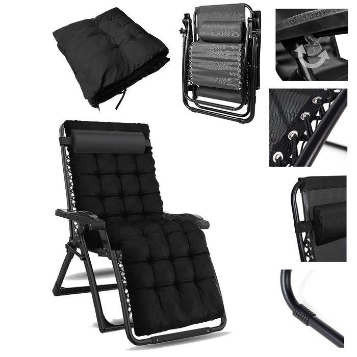 Leżak Składany Zero Gravity czarny ogrodowy lekki z poduszką regulacją