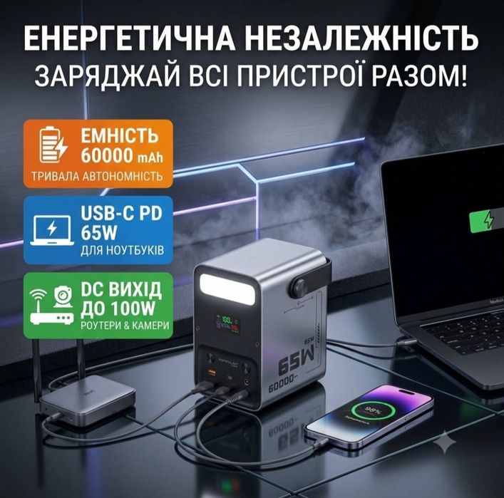 PowerBank Потужний  60000 мAh 65w ,зарядна станція для ноутбуків із DC-виходом та ліхтарем,дісплей повербанк
