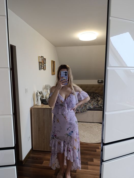 Sukienka koktajlowa wesele letnia przewiewna falbanki siatka s modna