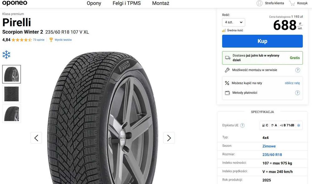 Oryginalne koła zimowe FELGI 18 VOLVO XC60 II Pirelli 235/60R18 2025r. 7,5mm jak NOWE