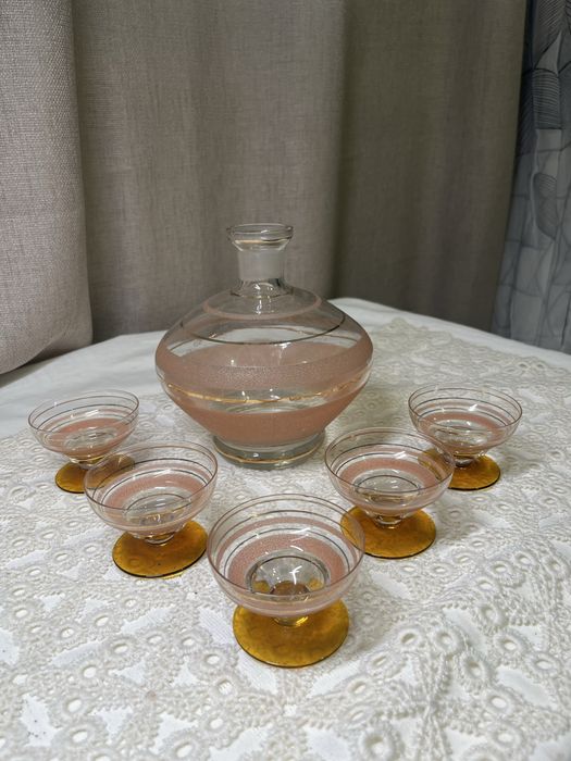 Vintage zestaw do nalewek karafka i 5 kieliszków szkło kolorowe PRL#22