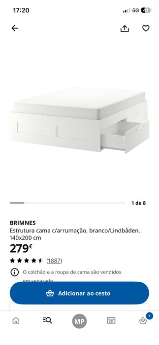 Cama de casal com colchão, gavetas e estrado.