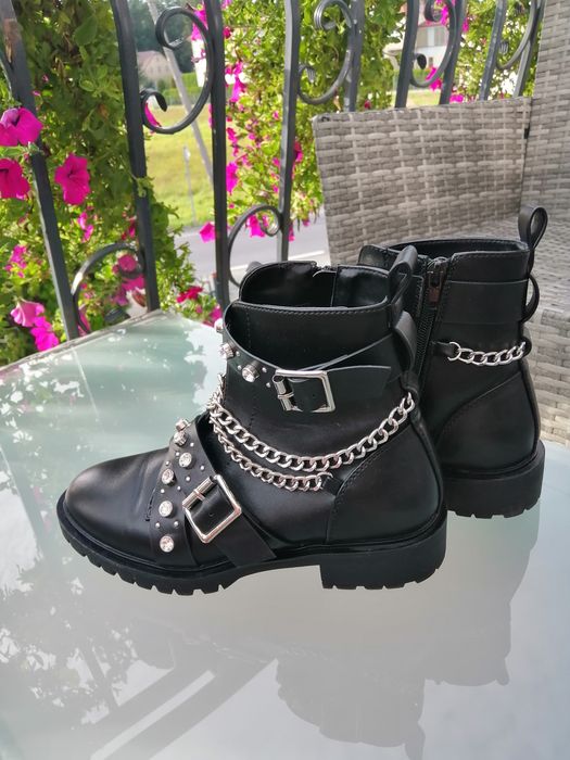 Czarne botki sztyblety łańcuchy kryształki designerskie 37 Only
