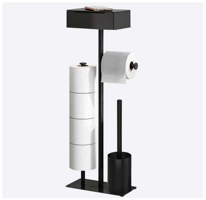 Stojak na papier toaletowy, stal nierdzewna, 4 w 1 + szczotka, czarny