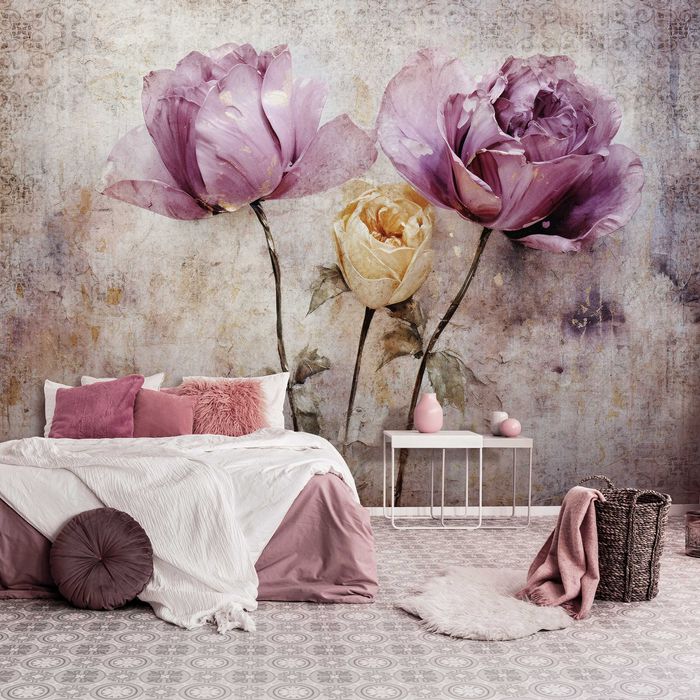 Fototapeta Fiolet Purpur Kwiaty Beton Loft 3D Twój Rozmiar + KLEJ