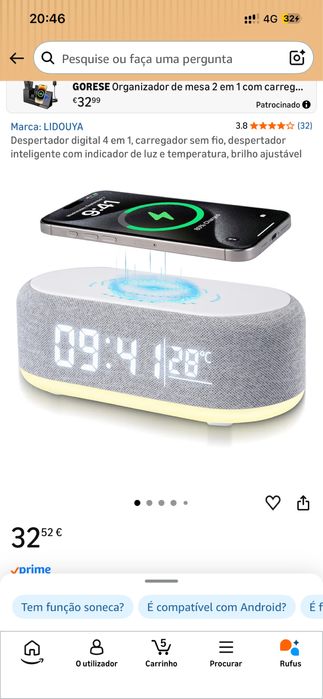 Despertador digital 4 em 1, carregador sem fio, despertador inteligente com indicador de luz e temperatura, brilho ajustável