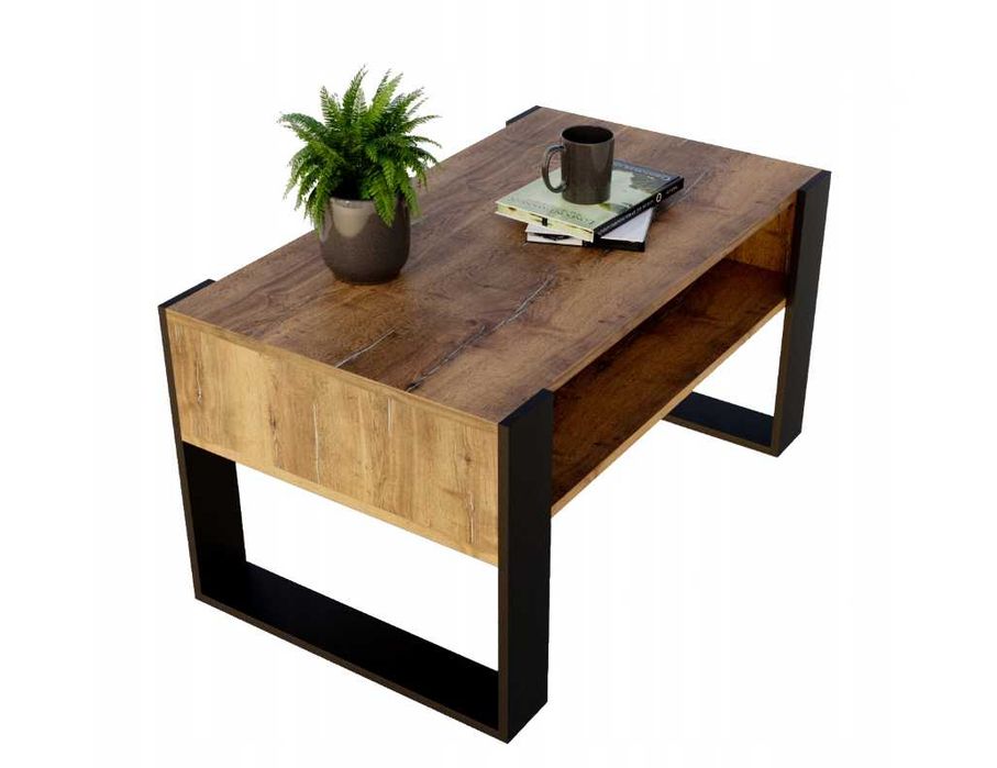 Industrialny Stolik Kawowy Karo 92 cm Dąb Lancelot Czarny Nowoczesna Ława Salonowa Z Dolną Półką Ława Kawowa Styl Loft Meble Do Salonu | WYPRZEDAŻ
