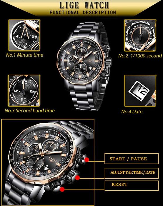 Relógio Luxo Masculino LIGE bracelete metal preto (Novo)