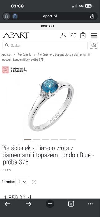 Apart pierścionek z białego złota z diamentami i topazem rozmiar 16/17