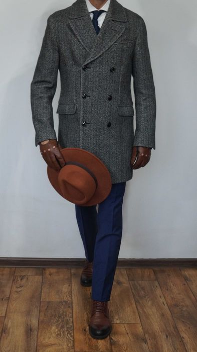 Płaszcz Dwurzędowy Massimo Dutti Wełna Rozmiar 46 175/92 Szary Jodełka