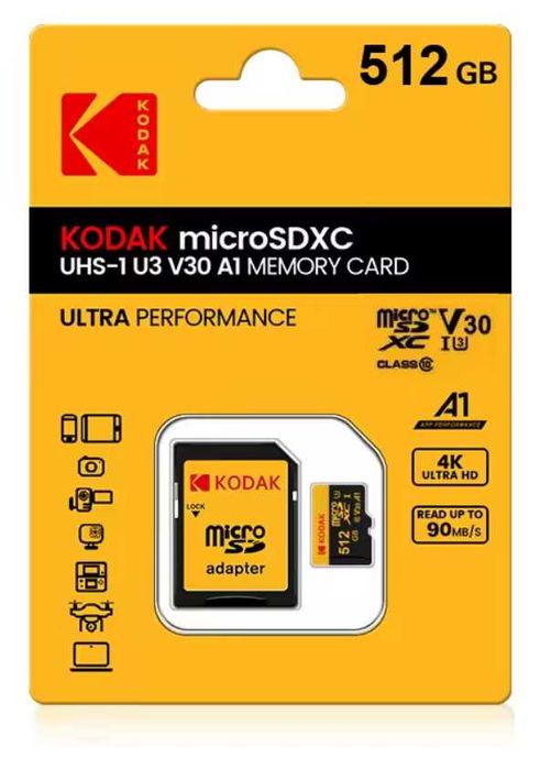 Karta pamięci KODAK micro SDXC 512GB U3 A1 C10 V30 100Mb/s szybka