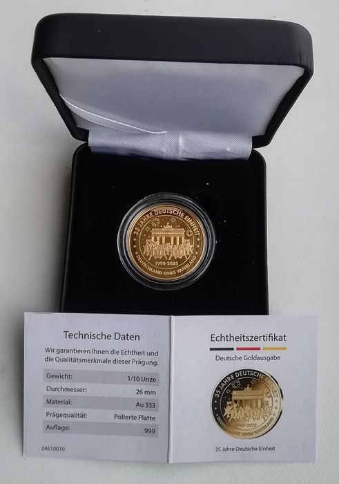 Німеччина 2025р. ЗОЛОТО . ПРУФ. 35 років німецької єдності. Сертифікат