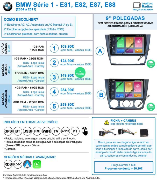 *Auto Rádio Android BMW Série 1 (E81 E82 E87 E88) 2DIN • APPS • WIFI