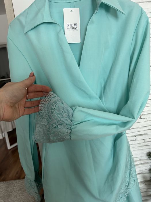 Elegancka sukienka wizytowa pastelowa z koronką koronkowa z dekoltem garniturowa na wesele turkusowa koktajlowa miętowa damska XS S M 36 38 40