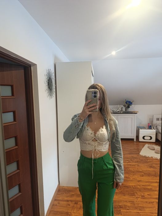 Żakiet jeansowy narzutka krótka Crop top rozpinana bawełna viskoza xs
