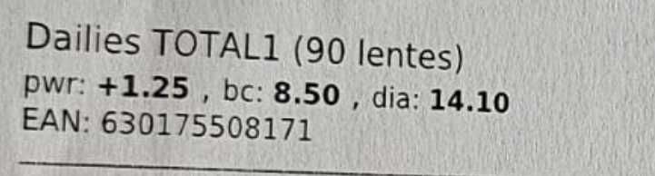 Lentes Dailies Total1 PWR: +1.25, BC: 8.5 , Dia 14.10