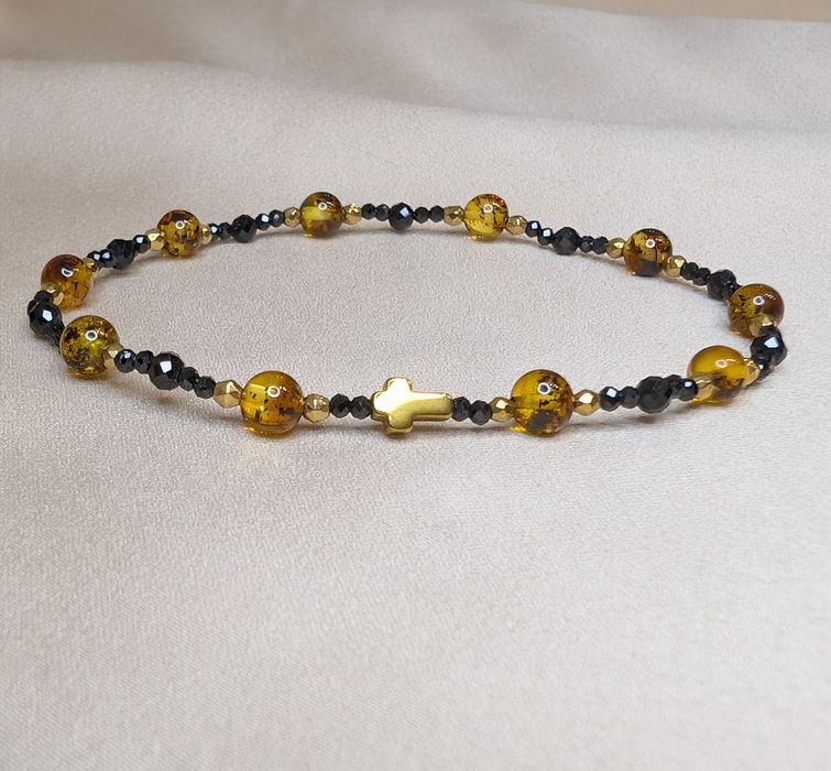 Bransoletka różaniec kamienie bursztyny krzyżyk czarny turmalin unisex