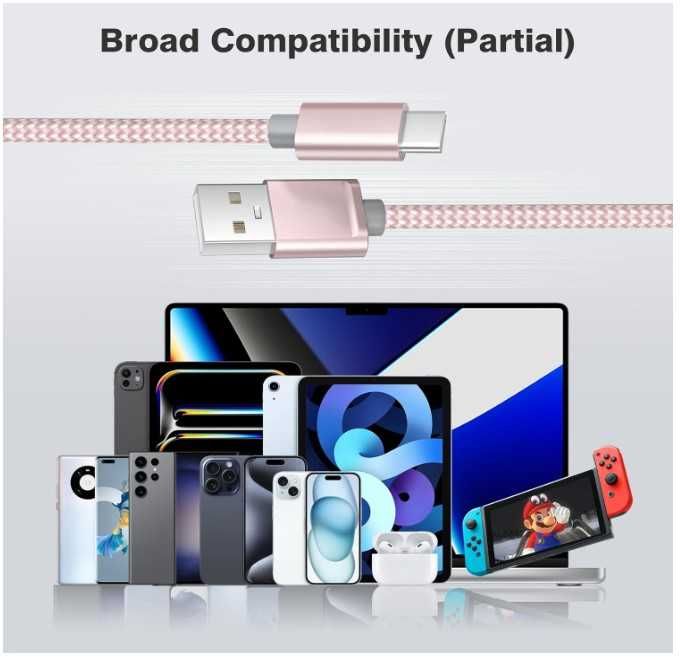 Kabel USB A do USB C w oplocie 3 sztuki 0.5/1/2m różowy Elebase