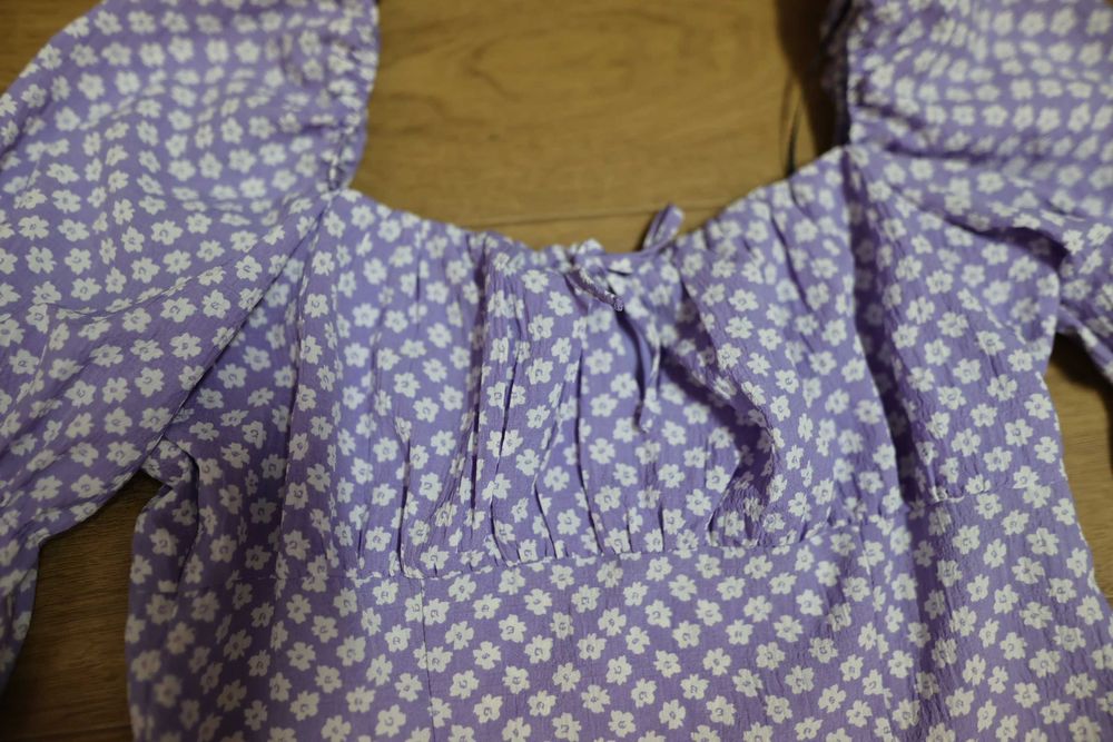 Fioletowa sukienka kwiaty bufki H&M L/XL