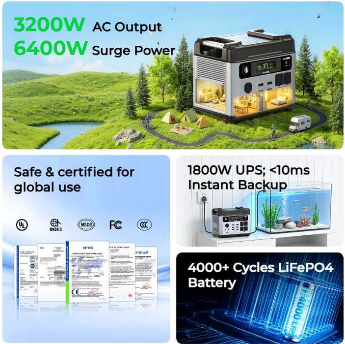 Estação Energia Oukitel 3200W/6400W MPPT 1000W 2048Wh LifePO4 BT WI-FI