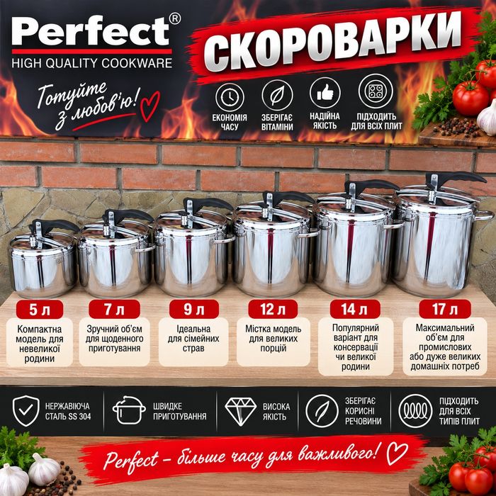 Скороварка Perfect оригінал 5л 7л 9л 12л 14л 17л каструля скороварка нержавійка SS 304 для всіх плит газу індукції