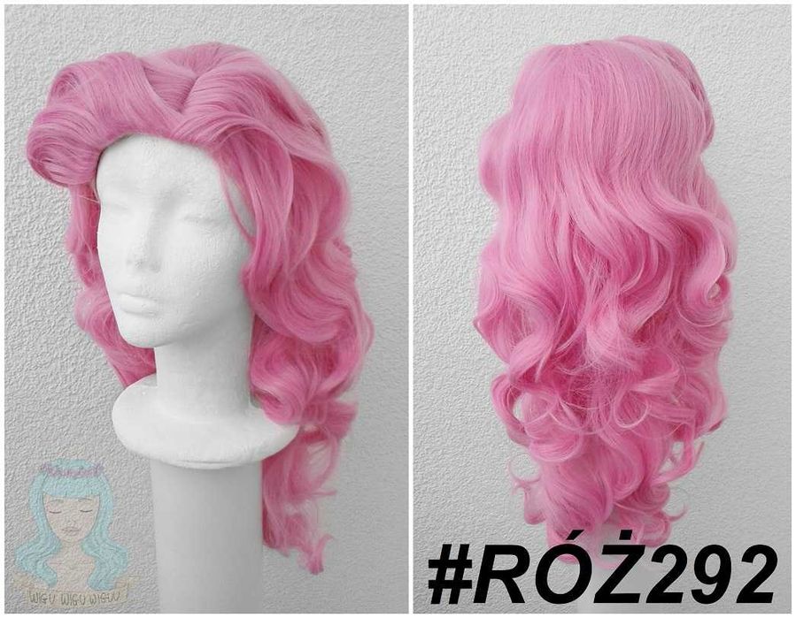 Fluttershy różowa falowana długa peruka z grzywką cosplay wig Pink