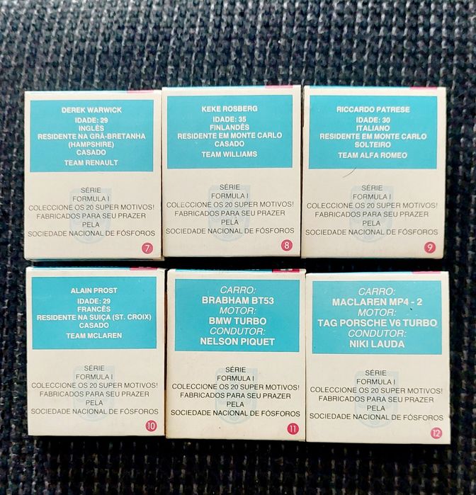 Colecção completa de caixas de fósforos (novas) sobre a Fórmula 1.