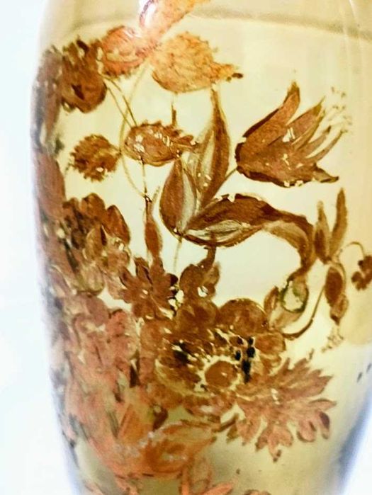 Rara jarra antiga em vidro fumado pintura floral à mão