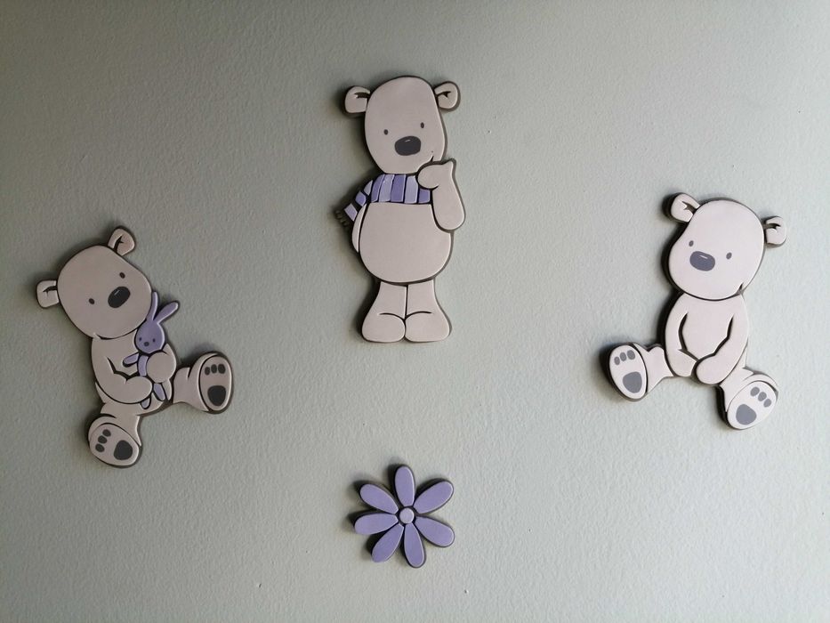 Decoração mural infantil com ursinhos bege e malva (44 peças)