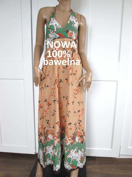 Długa letnia sukienka vintage plaża wakacje 100% bawełna S M 36 38