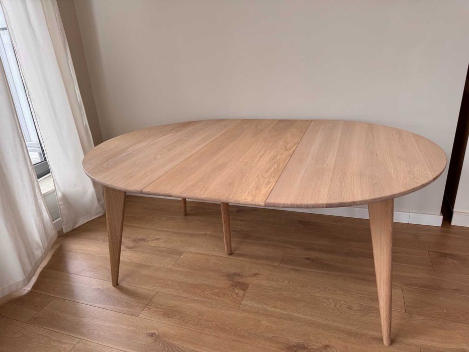 Stół okrągły rozkładany 130 cm (2x50 cm dostawki) bielony| wyprzedaż, II gatunek, pęknięcie na blacie, taniej o 4000 zł !