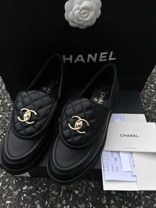 Mokasyny mokasynki damskie CHANEL czarne skórzane damskie półbuty