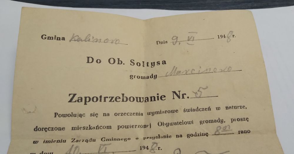Dokument historyczny 1948 - Gmina Kalinowo, Mazury. UNIKAT!